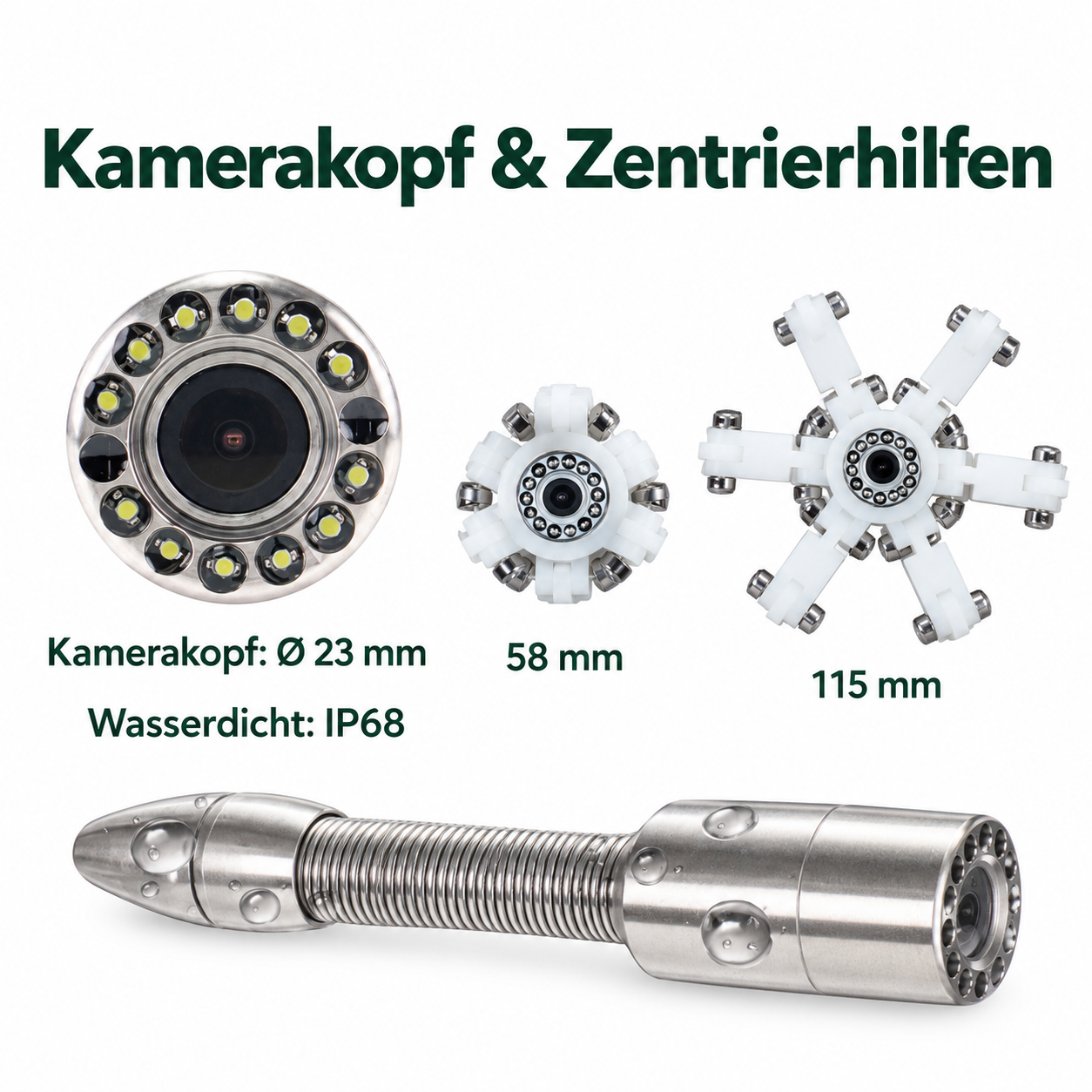 Silberner Kamerakopf und Zentrierhilfen mit deutschen Beschriftungen