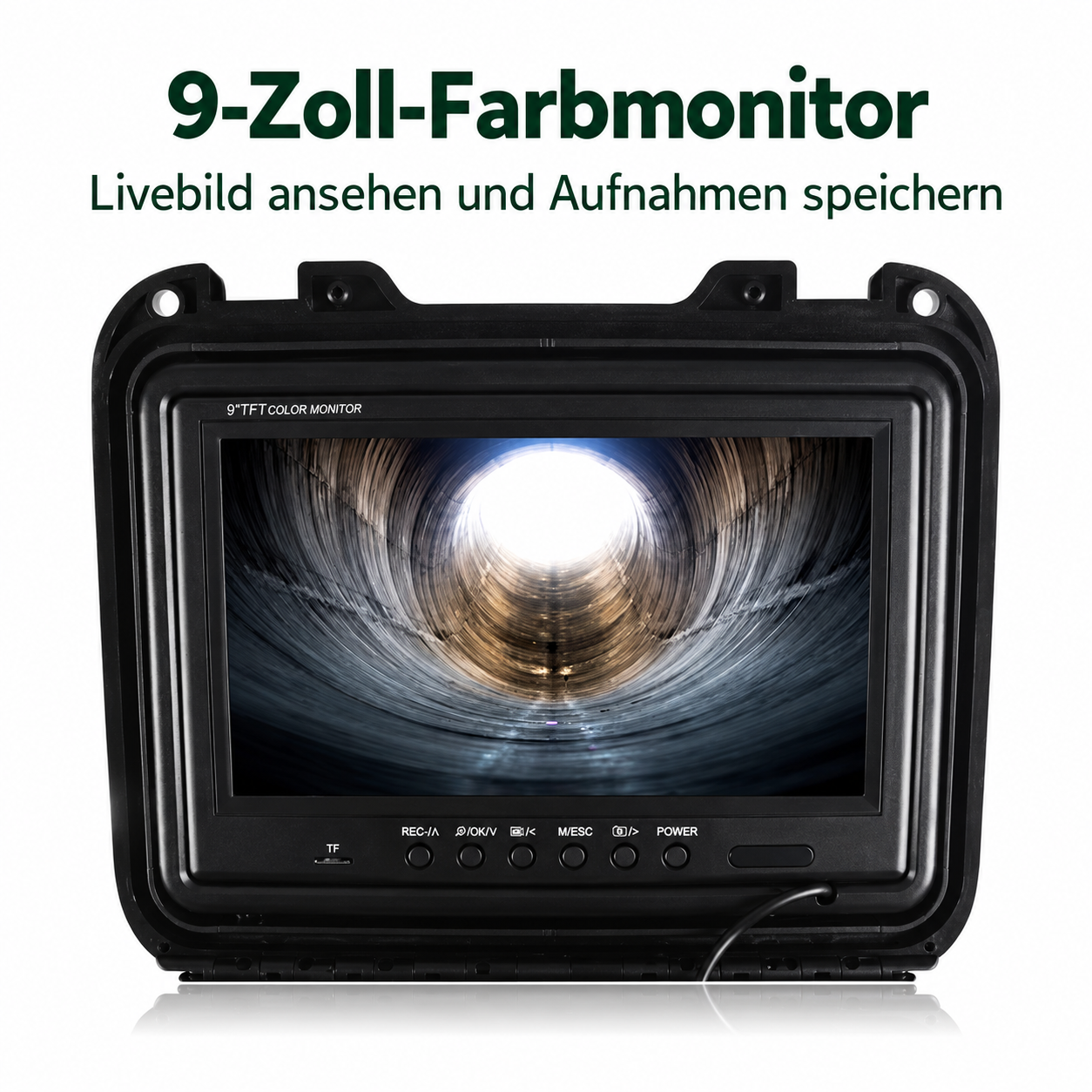 9-Zoll-Farbmonitor mit Rohransicht und deutschen Erläuterungen